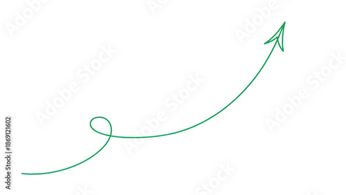 Curved green arrow icon on transparent background, thin hand drawn line with loop, upward right direction pointer for navigation, progress and growth concept
