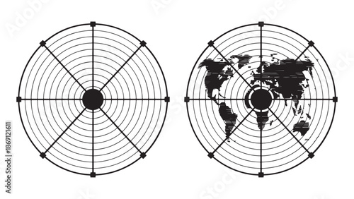 Radar screen interface with polar grid and world map silhouette aiming at global navigation and international monitoring targets.