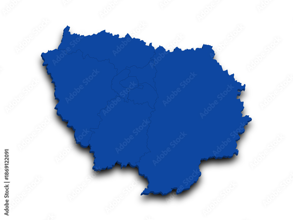 Obraz premium 3d Ile-de-France map, departments and prefectures of the Paris Region. Ile de france region administrative map.