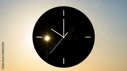 A black clock face with white hands against a sunset background with sun flare with time and concept and design and graphic and illustration
