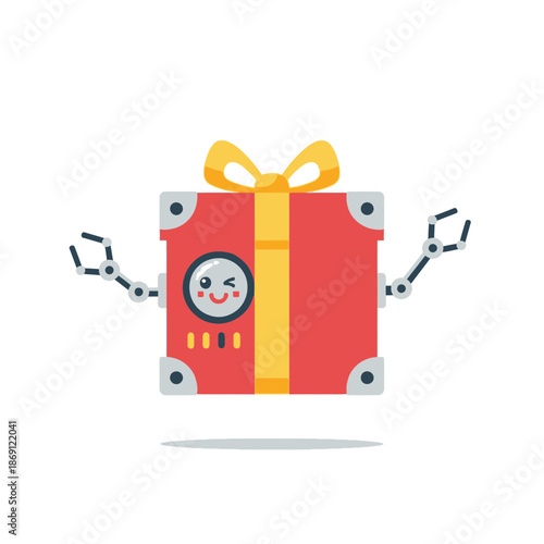 A cute cartoon robot gift box with winking face and mechanical arms.