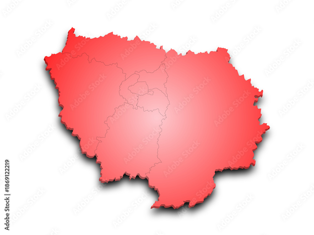 Obraz premium 3d Ile-de-France map, departments and prefectures of the Paris Region. Ile de france region administrative map.