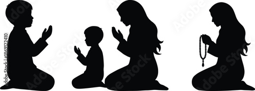 Muslim family praying silhouette with children and mother using prayer beads, Islamic worship, Ramadan devotion and religious spiritual practice illustration