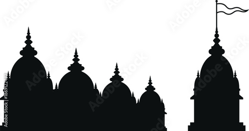 Silhouette of traditional Hindu temple architecture with towers and flag, showcasing ornate domes against a clean white background