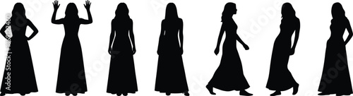 Woman silhouette poses in long dress showing standing, walking and casual gestures for fashion, design, illustration and character references