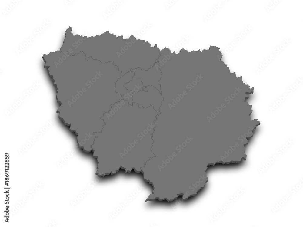 Fototapeta premium 3d Ile-de-France map, departments and prefectures of the Paris Region. Ile de france region administrative map.