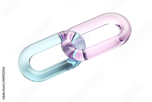 Glossy chain link on transparent background, pastel cyan and pink translucent glass 3D render, minimal connection icon for web, app, branding, sticker design

