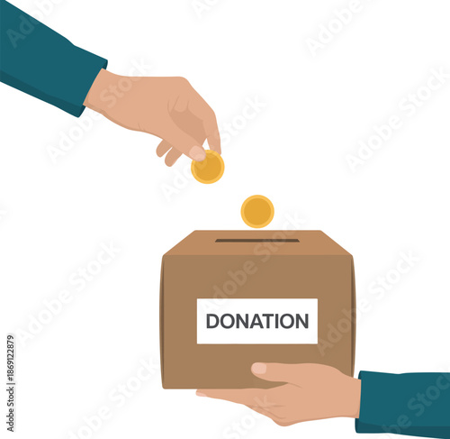 A hand dropping a coin into a donation box a simple illustration of charitable giving on transparent background high-quality professional