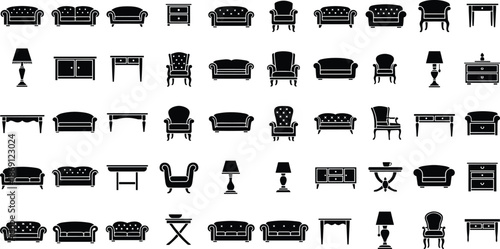 Large furniture silhouette collection featuring sofa, chair, table, lamp, and cabinet icons for interior design, home decor, and house floor plan vector illustration