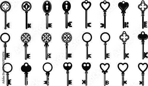 Vintage antique key silhouette collection featuring decorative heart shapes, ornate old metal skeleton keys, security icons, and classic door opener vector illustration set