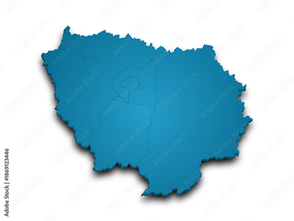 Fototapeta premium 3d Ile-de-France map, departments and prefectures of the Paris Region. Ile de france region administrative map.