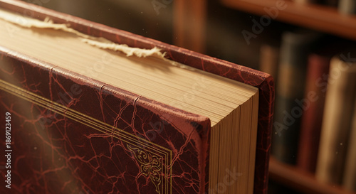 Vintage leather bound book on wooden shelf in library