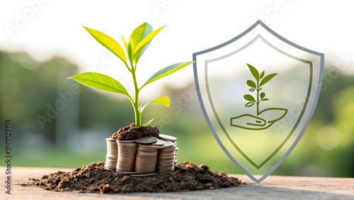 Money growing from coins, plant sprout with shield icon, financial growth and security concept, soft bokeh background, natural lighting.