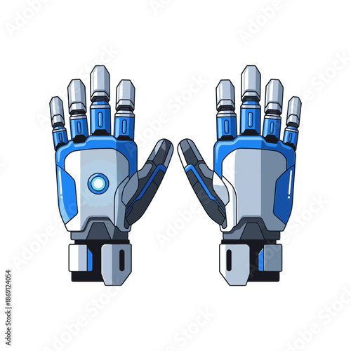 Detailed illustration of a pair of futuristic blue and white robotic hands.