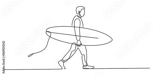 A continuous line art illustration showing a person walking and carrying a surfboard
