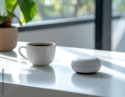 A coffee cup, a small device, and plant sit in the sunlight