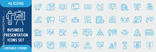 Business Presentation Line Icon Set. Seminar, Meeting, Conference, Whiteboard, Business Plan, Training, Workshop and Corporate Communication Icons. Editable Outline Stroke. Vector Illustration