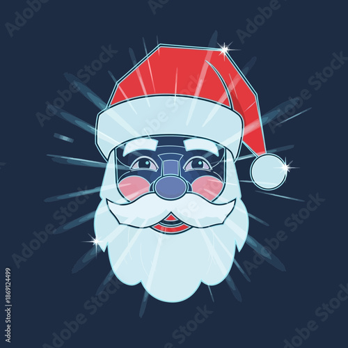 A futuristic, robotic Santa Claus head with a shiny, crystalline appearance and glowing blue features against a dark background.