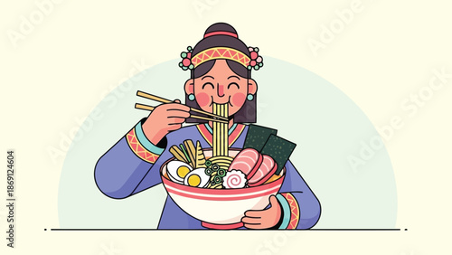 A cheerful young woman happily enjoying a delicious bowl of ramen with chopsticks in her hands