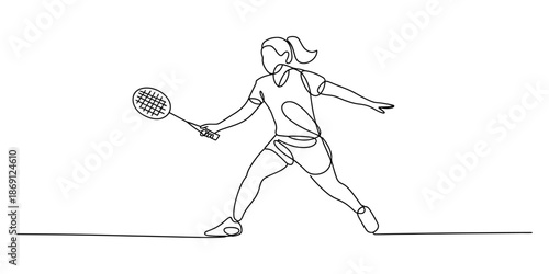 A continuous line art drawing depicting a female badminton player ready to strike