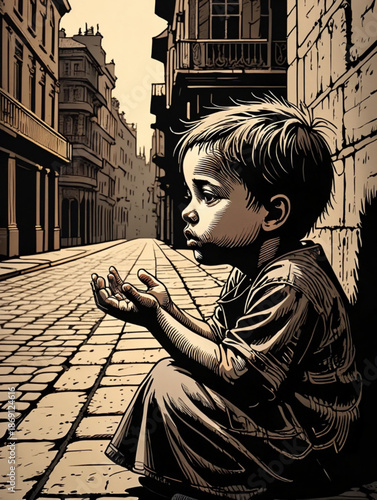 Historical Social Commentary Illustration of Begging Child Vector Art