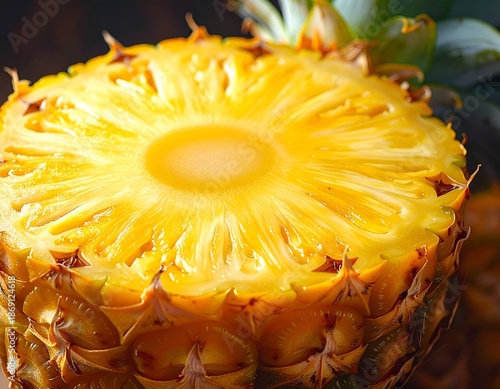 Close-up of a cut open pineapple, showing the fleshy, golden interior