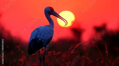 Elegant bird silhouetted against a vibrant sunset