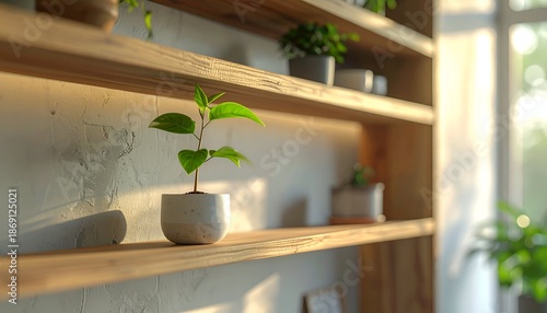 Planted shelf with other plants near a sunny window; bright, airy interior