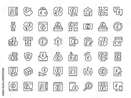 British pound icon set. Vector line icons collection. Outline symbols. Modern design