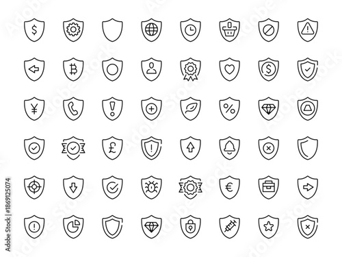 Shield icon set. Vector line icons collection. Outline symbols. Modern design
