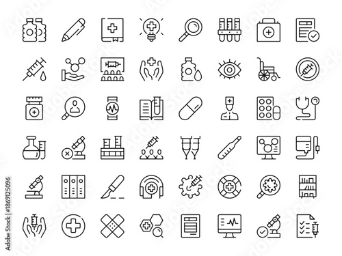 Medical tools icon set. Vector line icons collection. Outline symbols. Modern design