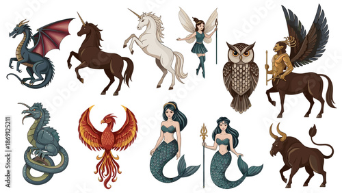 Collection of mythical and fantasy creatures including dragons and mermaids