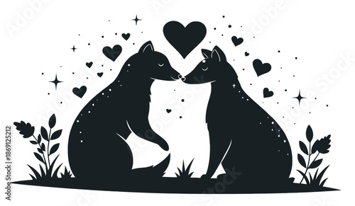 Adorable wolf couple sharing a romantic kiss under hearts