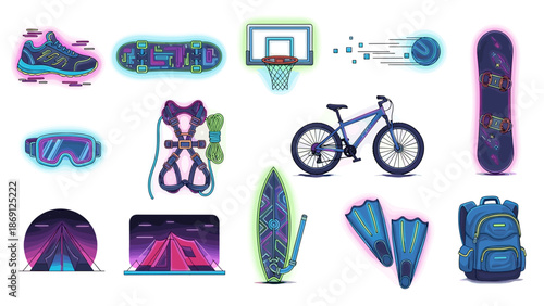 Collection of sports equipment and outdoor activity gear