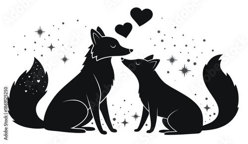 Adorable black foxes with hearts and stars