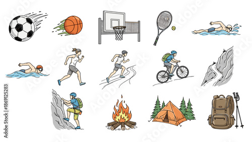 Collection of outdoor sports activities and adventure equipment
