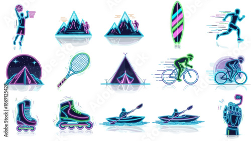 Collection of neon sports and outdoor activity icons in vibrant style