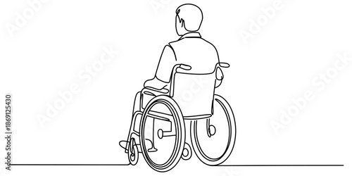 Continuous line art drawing of a person sitting in a wheelchair from a rear perspective