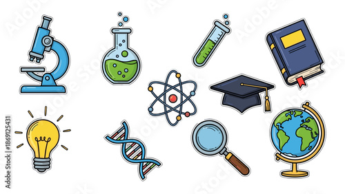 Collection of science and education icons including microscope and globe