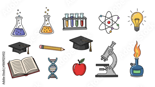 Collection of science and education icons including lab equipment