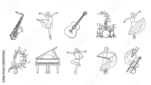 Collection of musical instruments and performers in artistic style