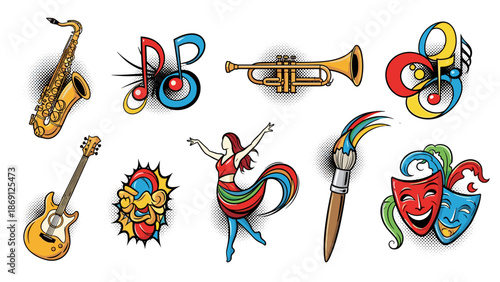 Collection of colorful musical instruments and theatrical masks