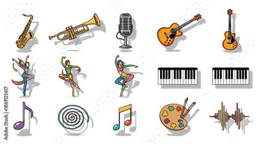 Collection of musical instruments and performers stage