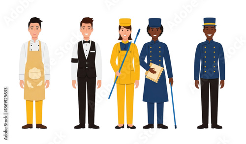 Flat hospitality workers hotel and restaurant staff vector set isolated on transparent background