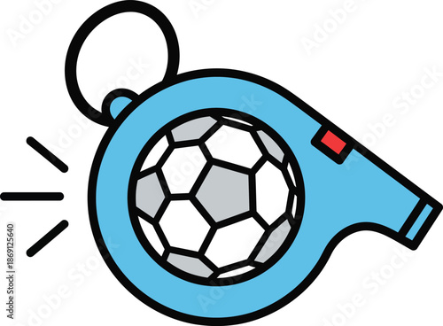 A light blue cartoon sports whistle with an integrated soccer ball design emitting sound.