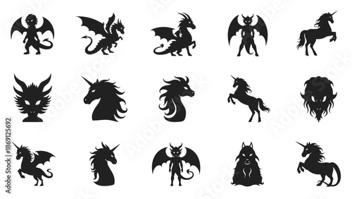 Collection of black dragon silhouettes in various poses and styles