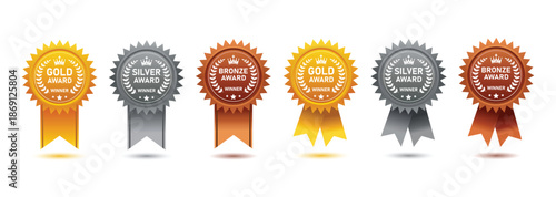 A collection of colorful award ribbons displaying various medal styles and achievements for competitions and recognitions