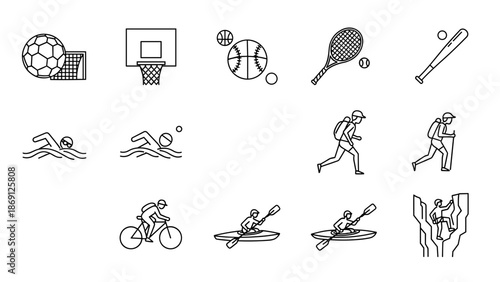 Collection of sports and fitness icons including running cycling and swimming