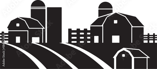 Farm Buildings and Fencing in Black and White Silhouette