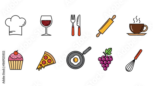 Collection of kitchen and cooking related icons and utensils